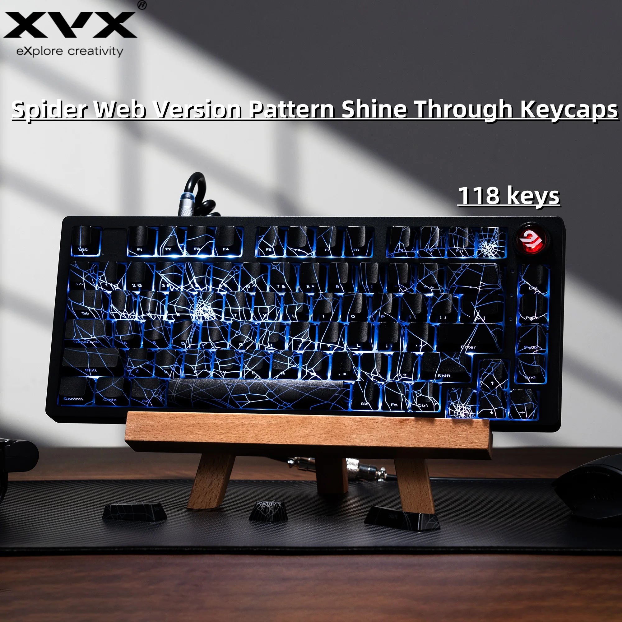 XVX Spider Web Version Pattern Shine Through OEM Profile IMD-Tech Keycap Set 118 Keys Black Keycaps