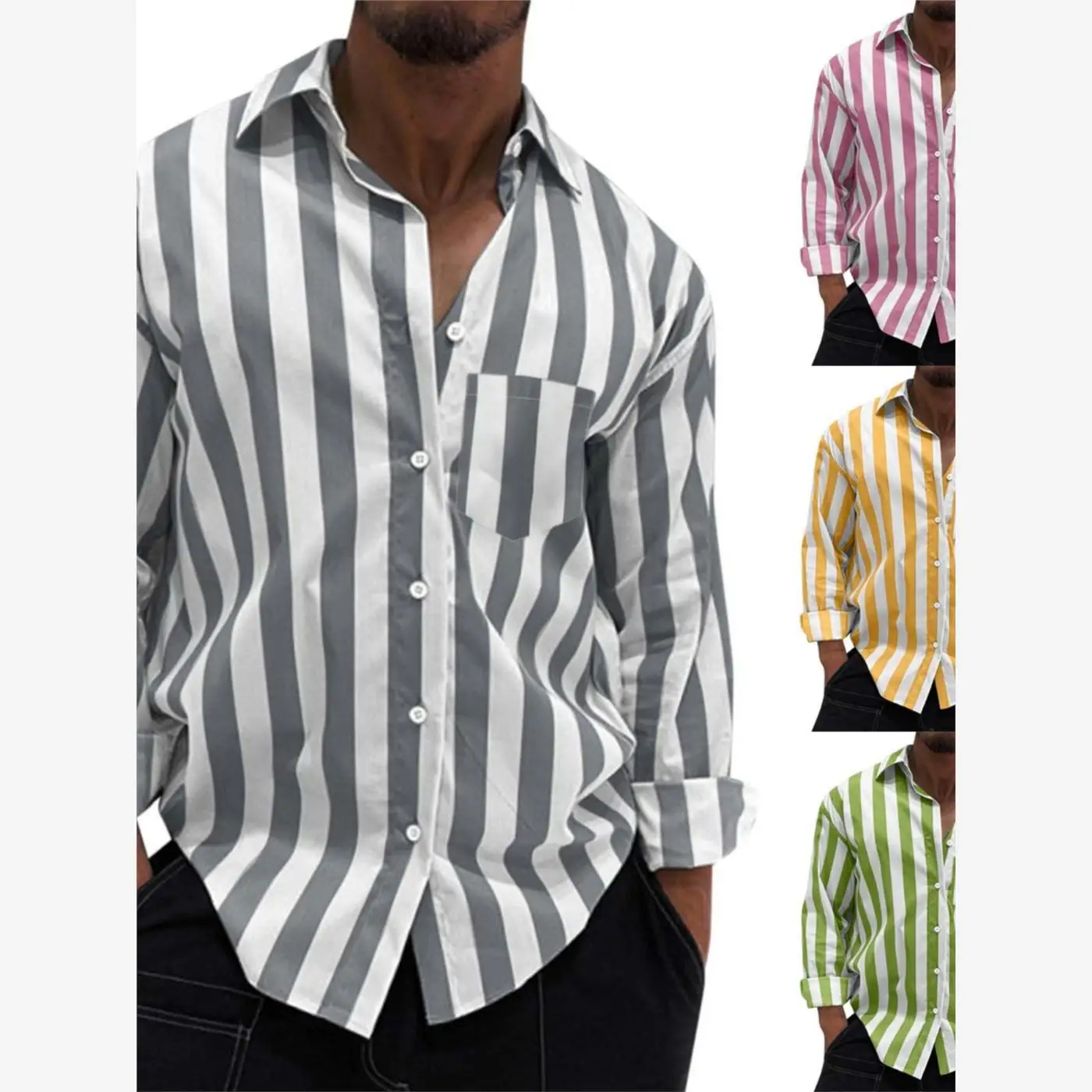 

Men's Casual Stripe Long Sve Open Cardigan Loose irt Vintage Sle Autumn Faion Men's Clothing Classic Collar Design