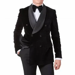 Men's Double Breasted Blazer for Wedding Black Velvet Coat Shawl Lapel Jacket for Business Dinner