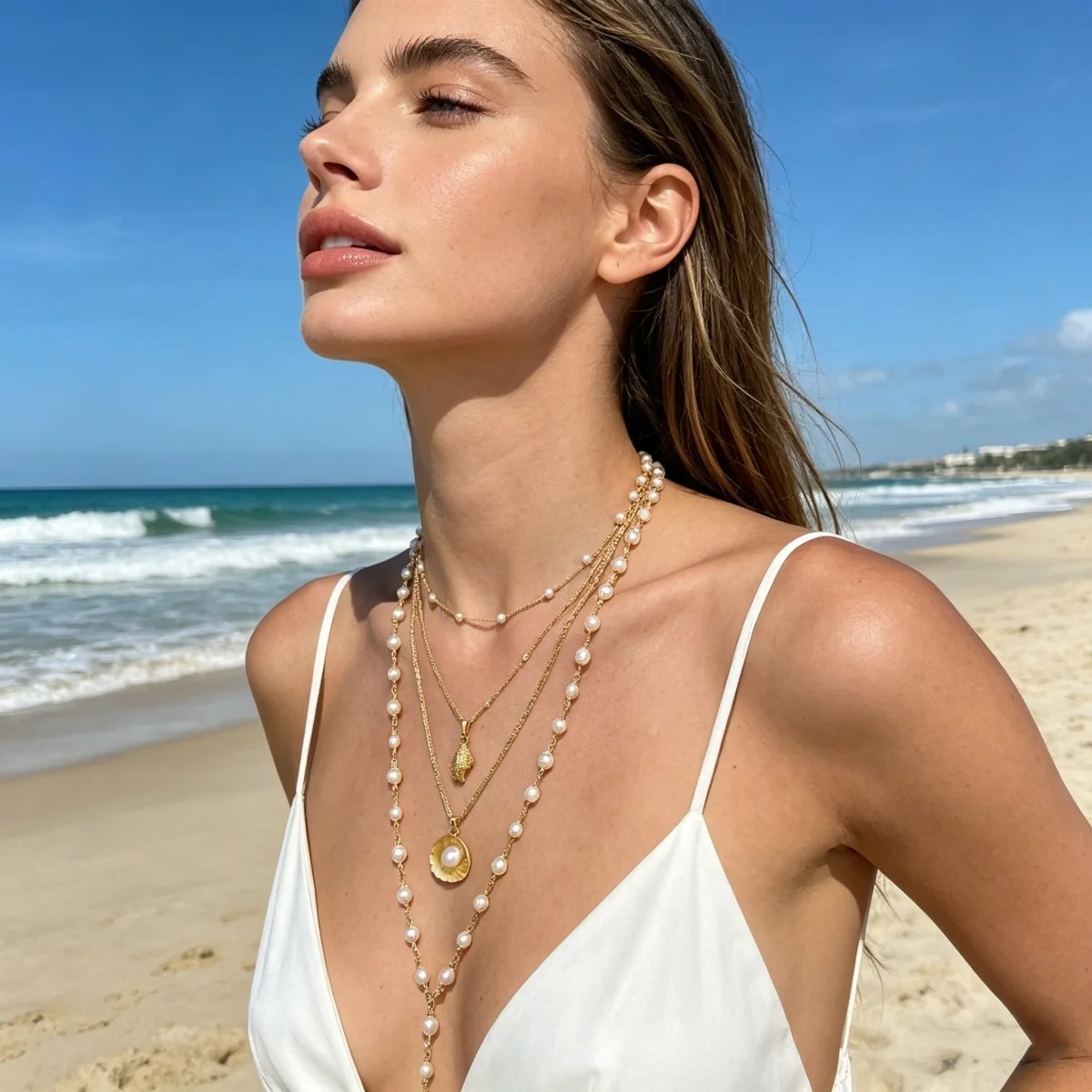 Sommerliche Muschel-Sternfisch-Halskette mit simulierten Perlen, Y-förmig, für Damen und Herren, Boho-Stil, meeresinspiriert, stapelbar, Choker, Schmuck für den Urlaub am Meer – Detail 4