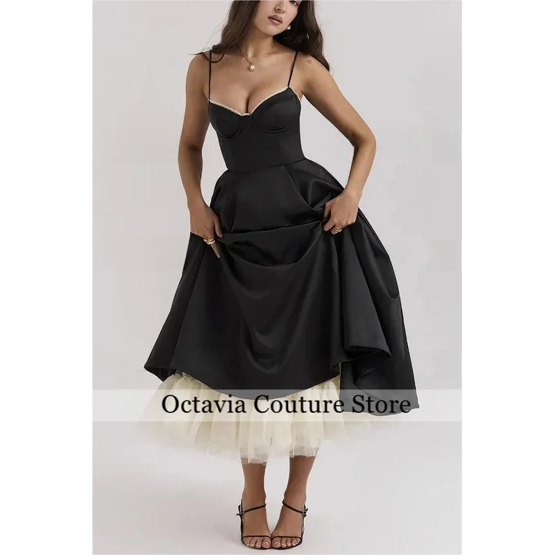 Black A Line Midi Satin Women Prom Dresses Lace Sweetheart Corset Back Formal Evening Party Gowns Korea Photo Shoot Customized