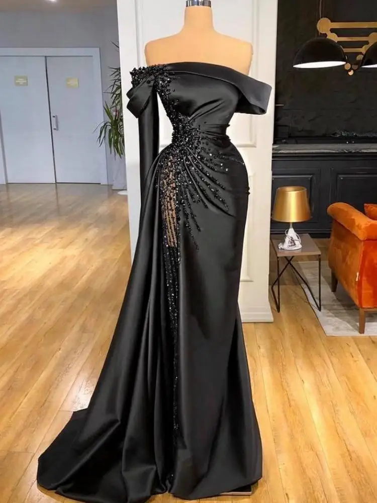 AA97 Customized Elegant Black Women Evening Dresses Off Shoulder Sexy Split Party Occasion Dress Single Long Sleeve Formal Proms