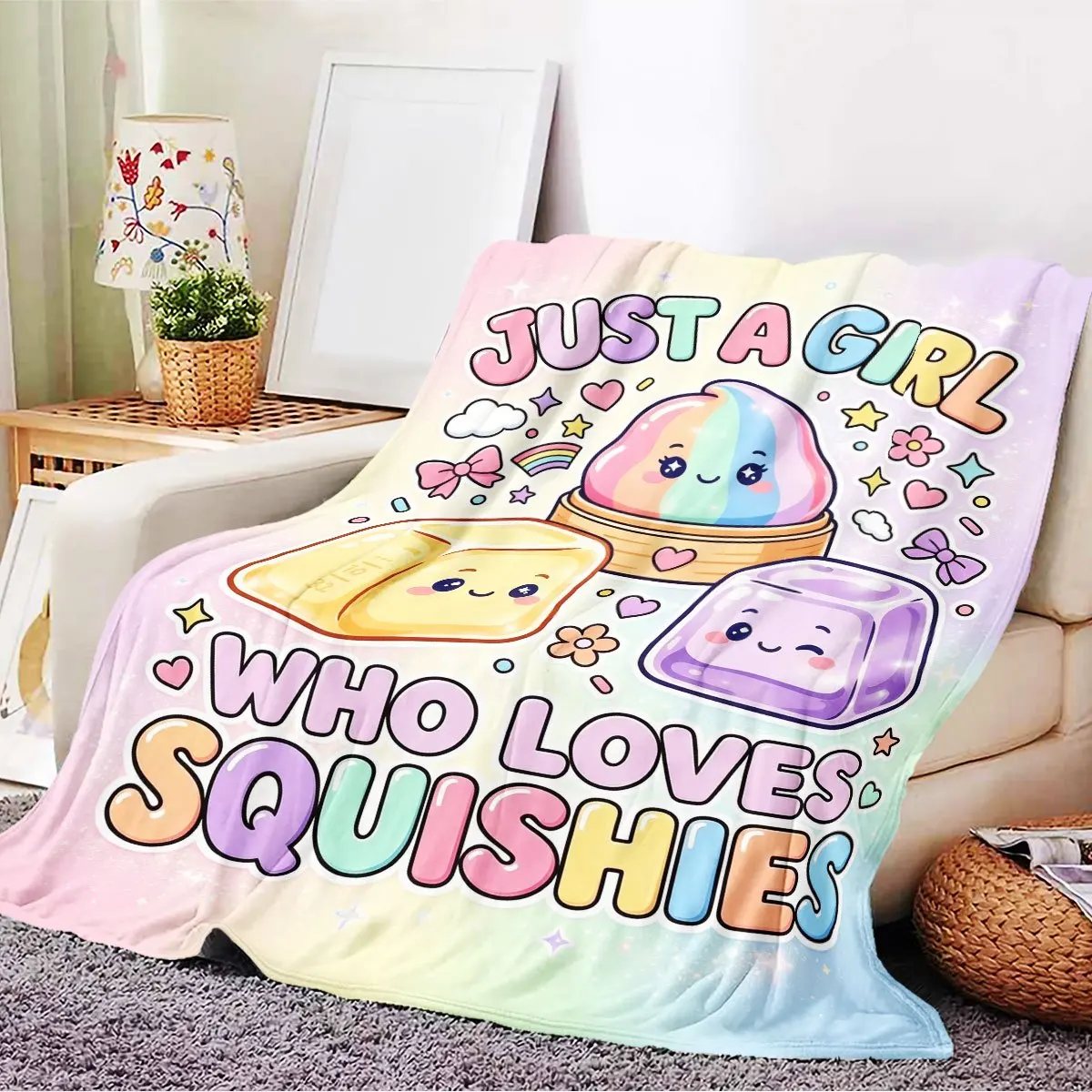 Just A Girl Who Loves Squishies Cute Kawaii Unicorn Rainbow Cartoon Throw Blanket for Girls Room Decor