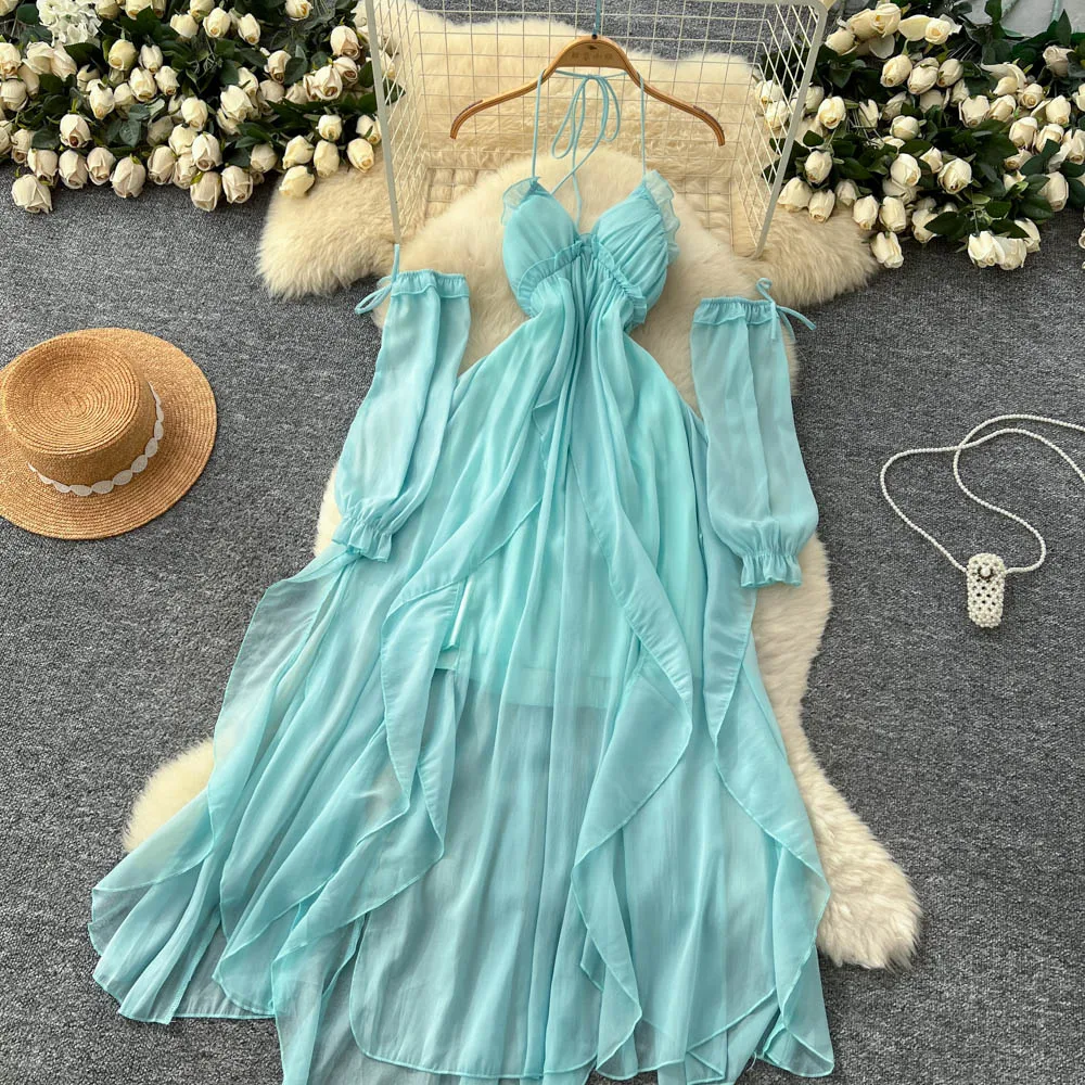 Elegant Ruched Slip Dress Women Casual  Summer High Waist Slim Fit Beach Vacation Dress with Arm Sleeves