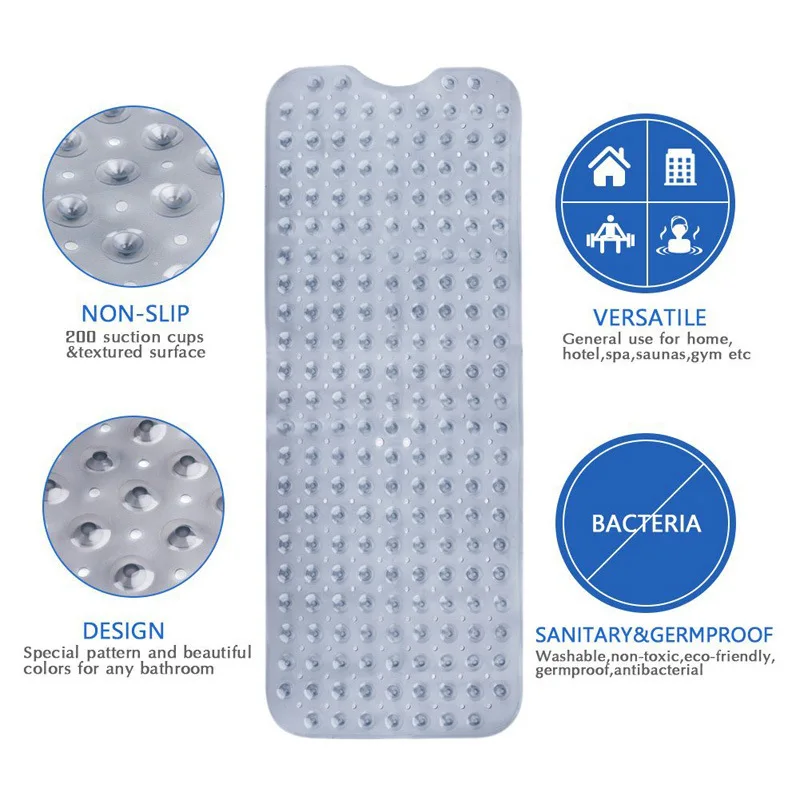 Non-Slip Bath Tub Shower Mat with Suction Cups,Machine Washable Bathroom Mats with Drain, Extra Large Bathtub Mat, 100x40cm