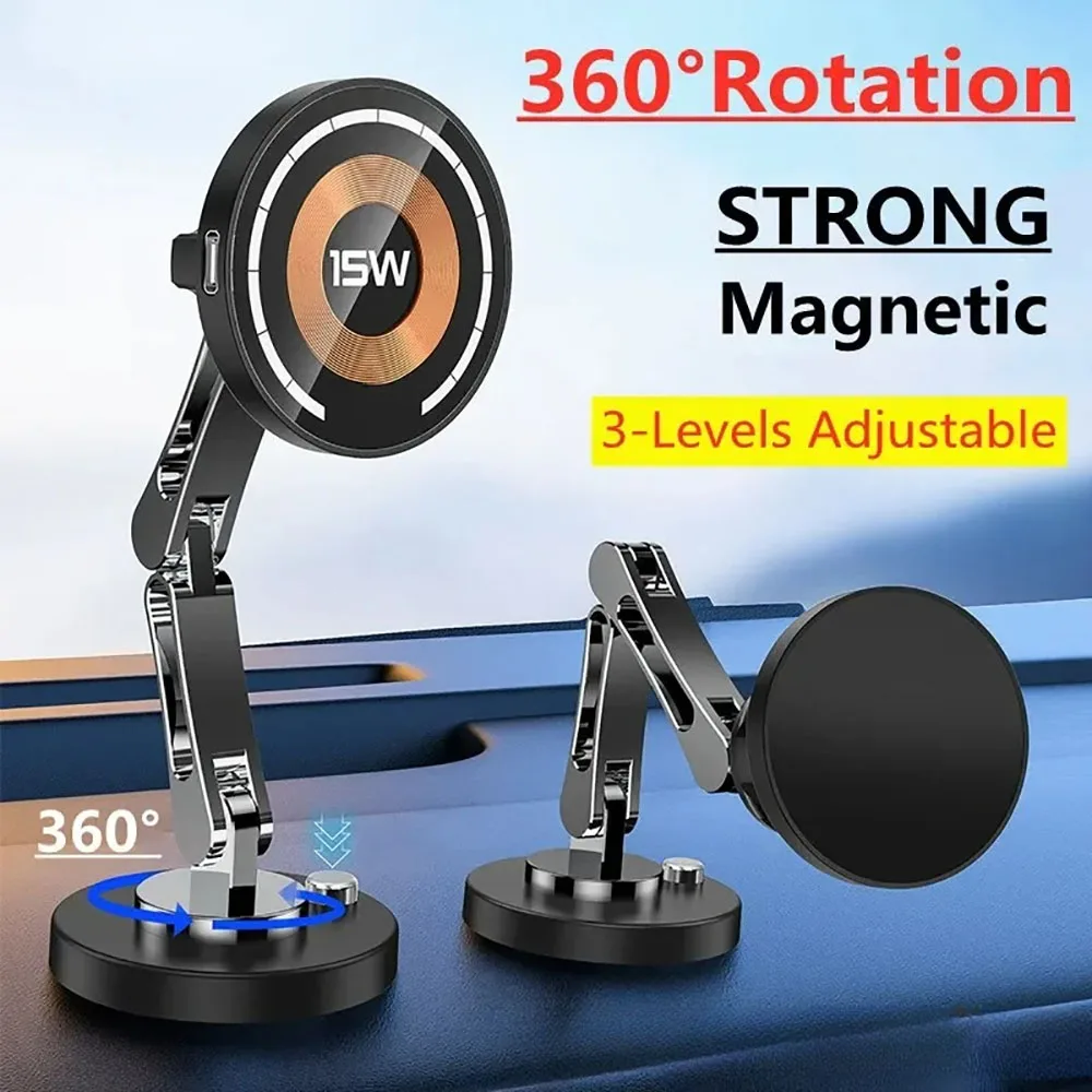 Magnetyczny uchwyt samochodowy na telefon z bezprzewodową ładowarką, szybkie ładowanie, obrotowy, magnetyczny stojak samochodowy na telefon do iPhone 16 15 14 13 Samsung