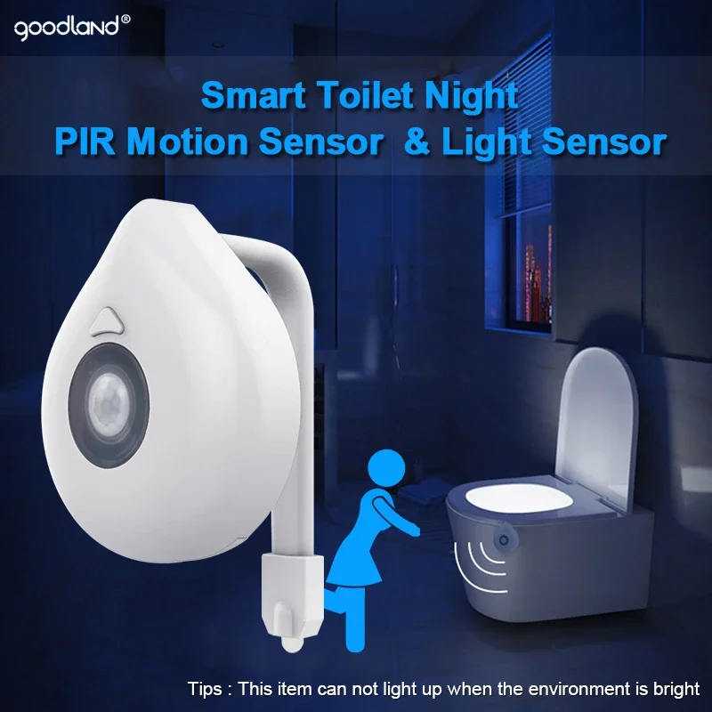 Goodland-LED Toilet Light com sensor de movimento PIR, lâmpada noturna, luz de fundo, WC Bowl Seat, luz do banheiro para crianças, 8 cores