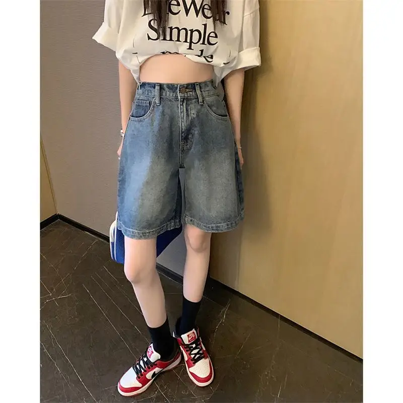 Elastic Waist Denim Shorts for Women\'s Loose Fitting Summer New Retro Hong Kong Style Capris Versatile Slim High Waisted Pants