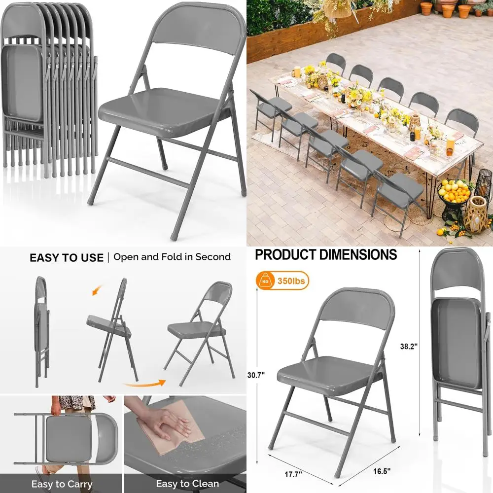 

Портативные стальные складные стулья емкостью 350 фунтов, прочные и универсальные для внутреннего и наружного использования, серый комплект