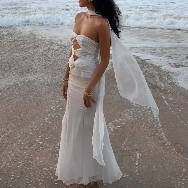 Beachwear Solid Lace-up Slim Boho Long Dress Ladies Sexy Strapless Hollow Out Party Dress 2025 Spring Summer Backless Maxi Dress