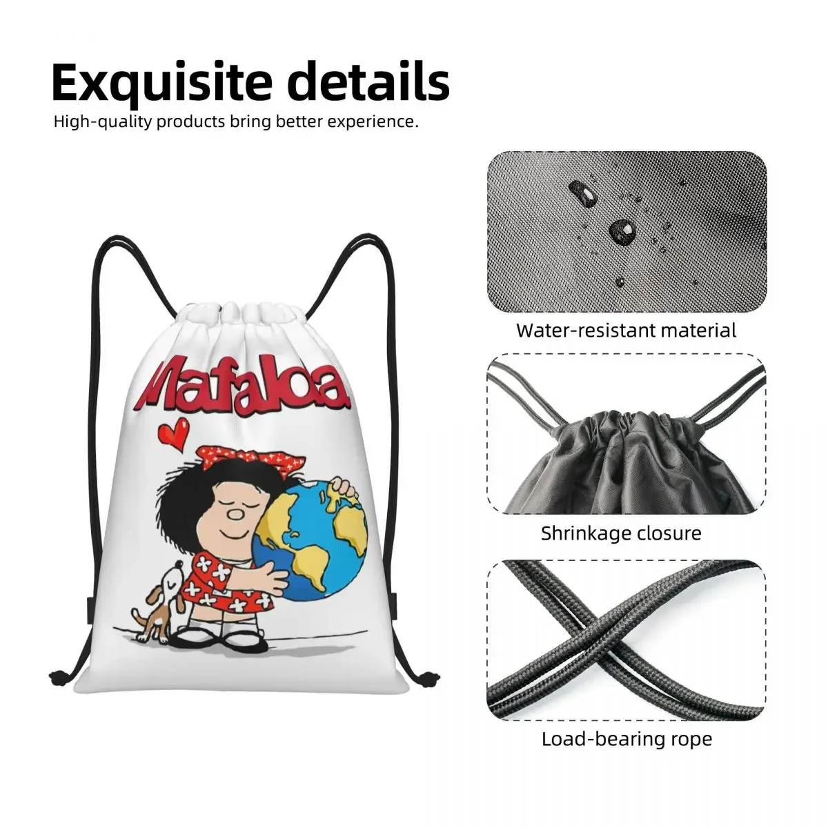 Mafalda und ihr Welpe Kordel zug Rucksack Frauen Männer Fitness studio Sport Sackpack tragbare Quino Comic Cartoon Einkaufstasche Sack