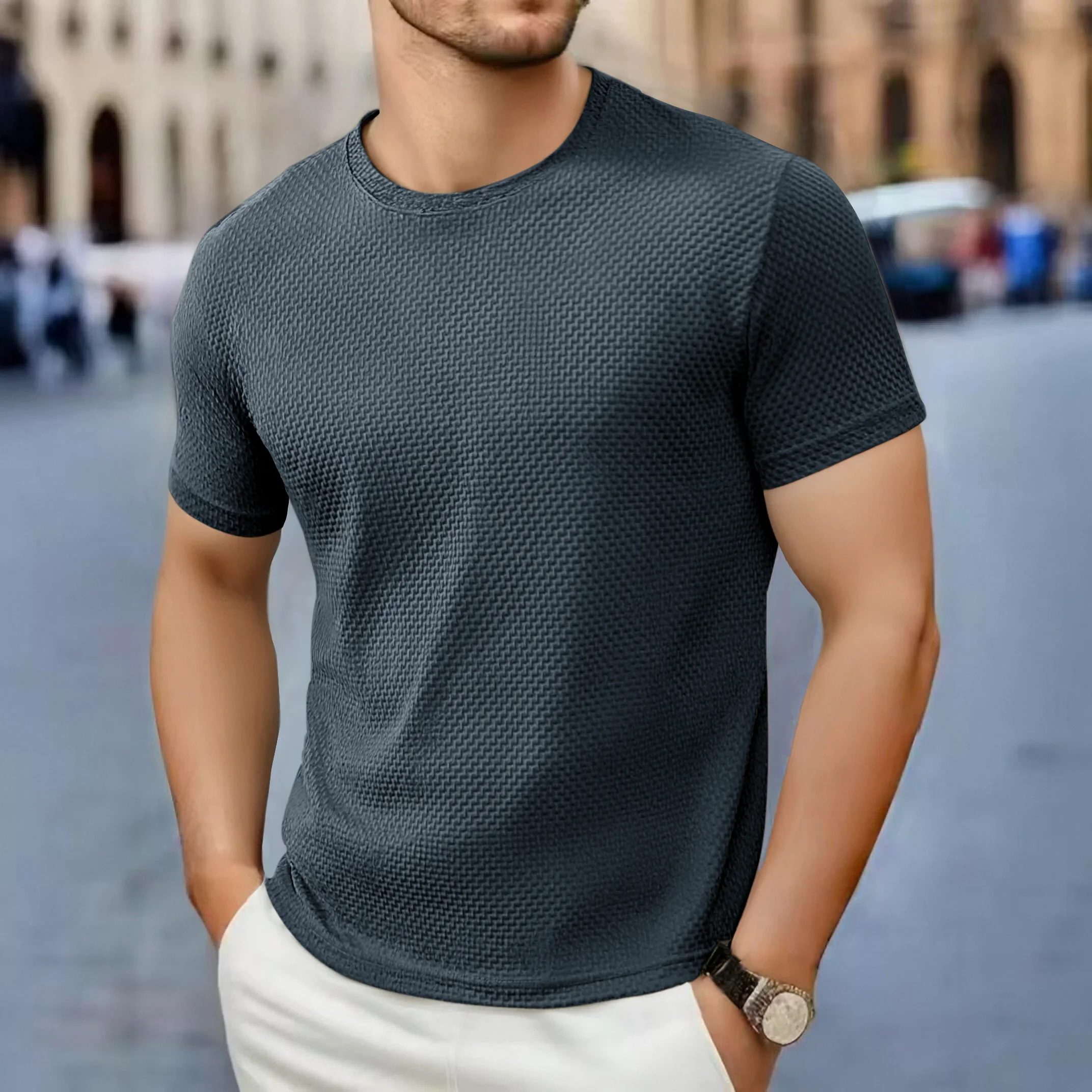 Men's Casual Short Sleeve T-shirt 2025 New Bone Flower Solid Color O-neck Fashion Breathable Comfortable Summer Versatile Top