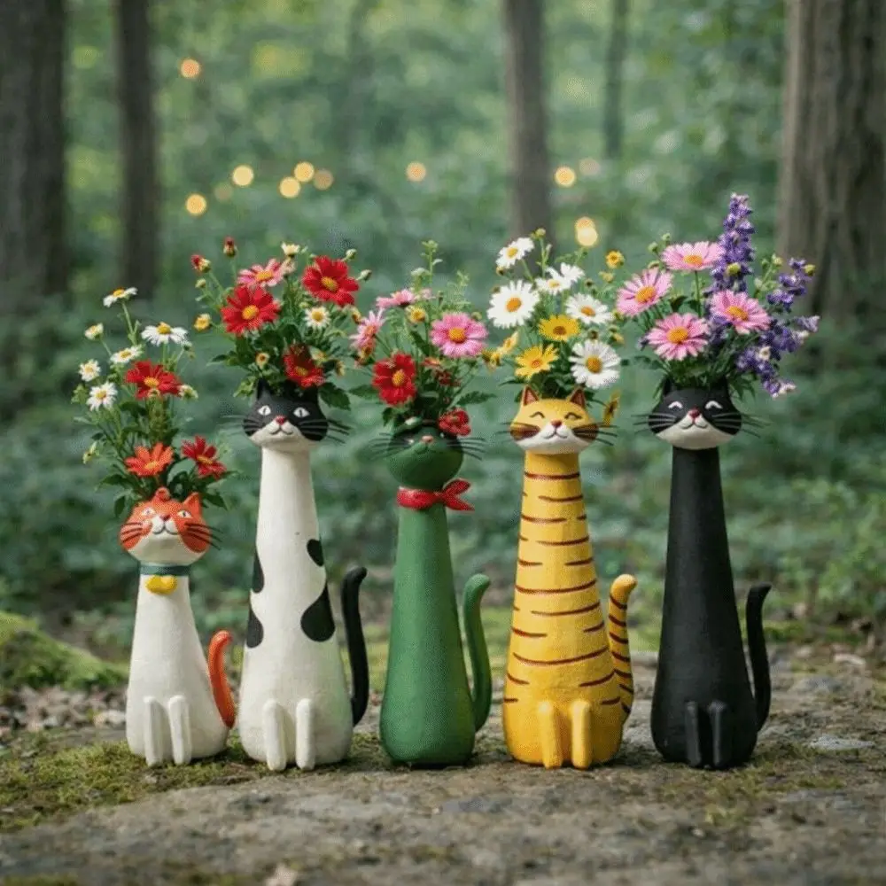 

Ornament Long-Necked Cat-Shaped Vase Handcrafted Cute Cat Flower Vase Resin Table Decor Creative Cartoon Cat Vase Office
