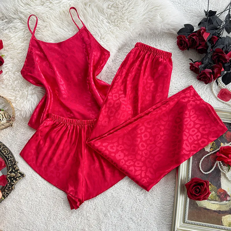 2026 New Summer Red Lace Sexy Suspender and Shorts Leopard Print and Pants Set for Women