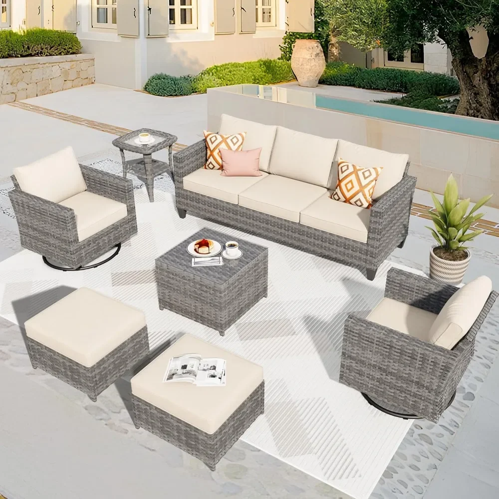 

Patio furniture set, 7 pieces of outdoor wicker rattan sofa, double seat and comfortable cushion set for garden backyard