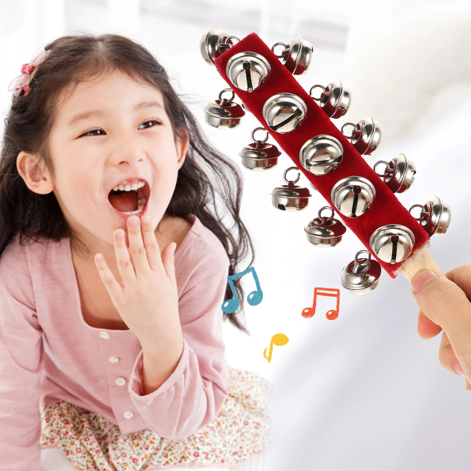 

4pcs H Set Red Cloth Children Percussion Instrument H Bell Stick Baby Wooden Bells Rattle Musical Gifts