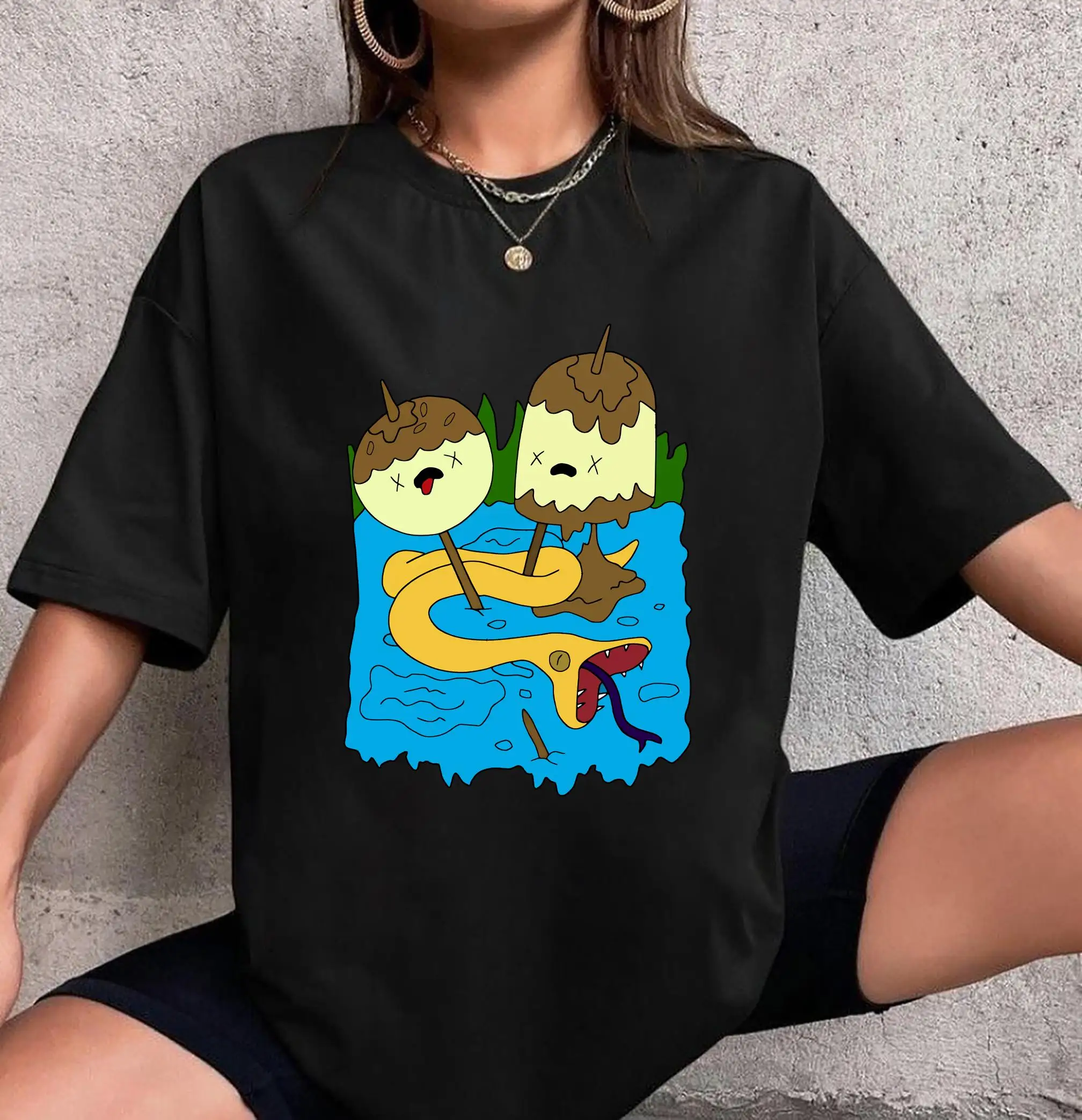 

Monster Ice Cream Serpentine Cartoon Printed T-shirt with Cute Style Personalized Creativity Women's Loose Short sleeved T-shirt