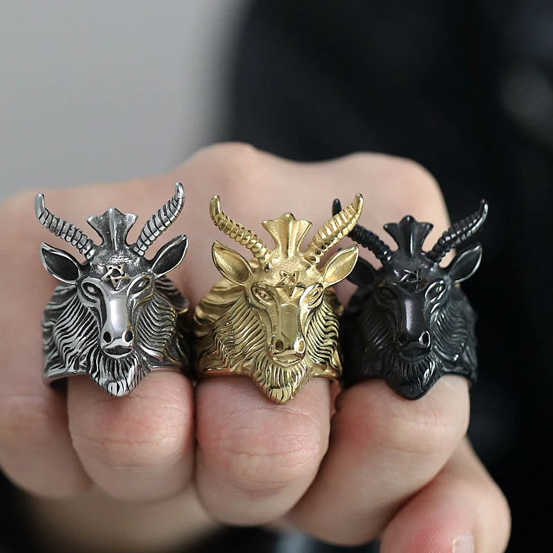 

Punk Stainless Steel Goat Rings Men's Retro Gothic Lucifer Pentagram Goat Head Skull Ring Fashion Unique Charm Jewelry Wholesale