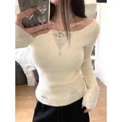 Deeptown Hollow Out White Women's Sweater Slim Long Sleeve Knitwear Korean Fashion Pullovers Spring Coquette Jumper Casual