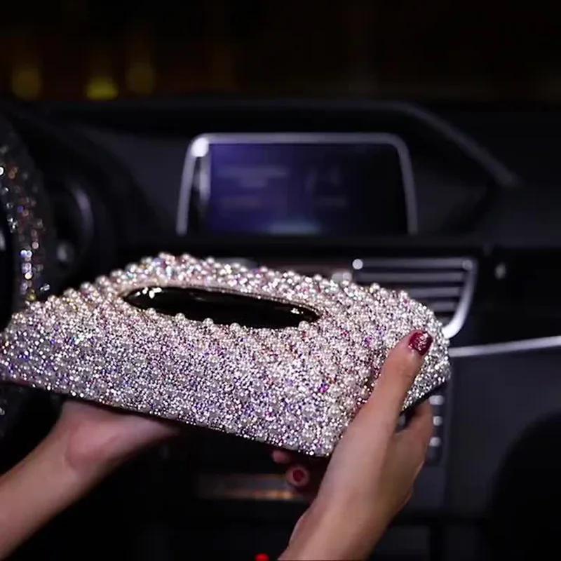 Luxury Car Tissue Box Pearls Diamond Seat Type Tissue Holder Sparkling Napkin Holder Bling Paper Cover Case 거실 수납장 블랙박스