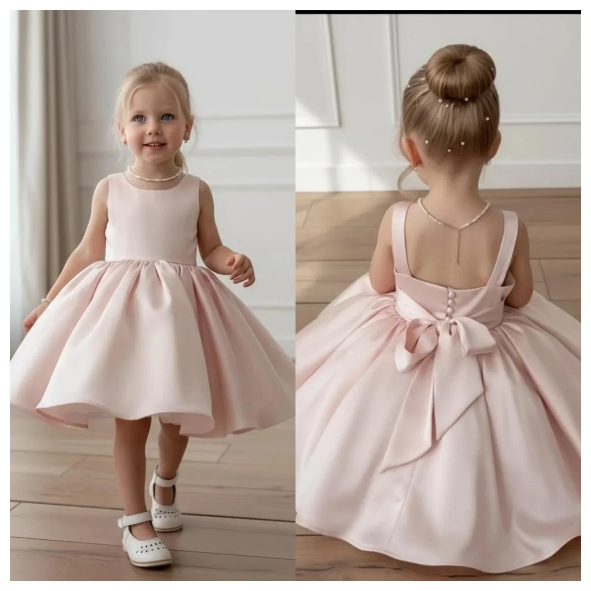 

2026 Summer Toddler Pink Satin Flower Girl Dress Sleeveless Round Neck Pleated Waist Puff Dress Formal A-Line Dress Wedding