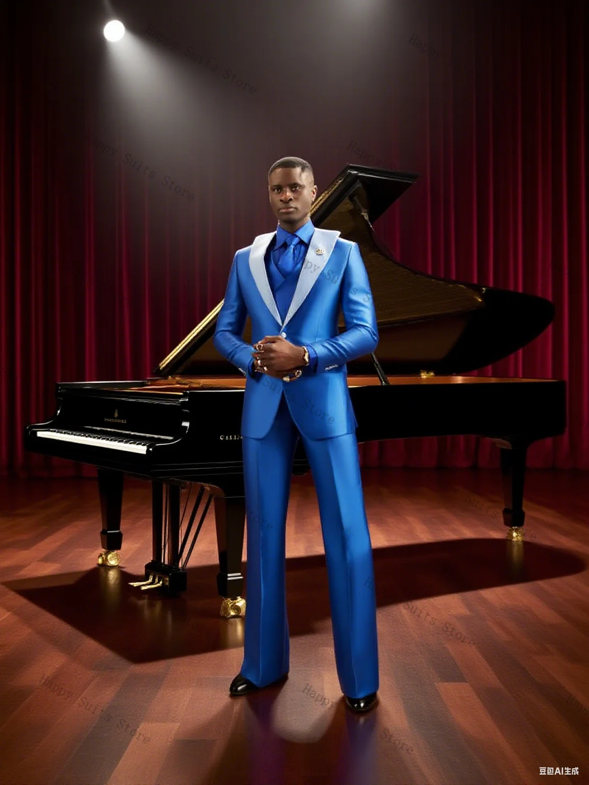 

Blue Satin Men Suit Set 3 Pieces Blazer+Vest+Pants Trousers White Lapel Wedding Tuxedo Formal Office Customized Male Jacket Coat