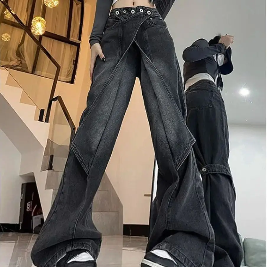 American Retro Heavy Industry Washing Work Jeans Women Deconstructed Pants High Street Straight Loose Wide-Leg Floor Trousers
