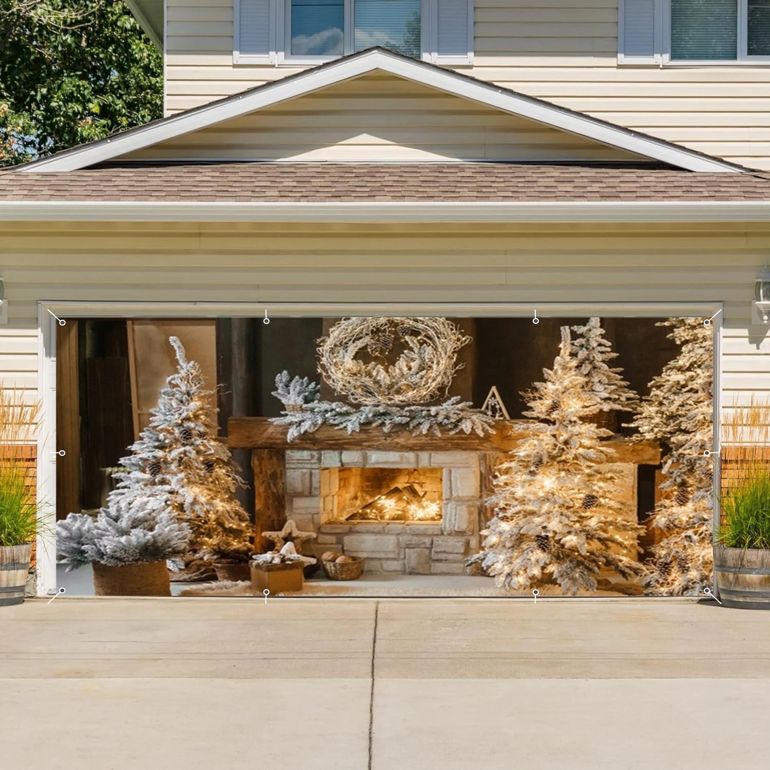 クリスマスガレージドア装飾冬の暖炉クリスマスツリーレンガ壁ガレージドアカバー壁パティオ庭外用