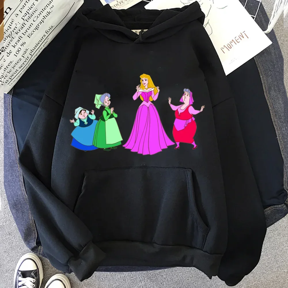 Kawaii Women Black Hoodies Disney Princess Alice Cartoon Print Harajuku Autumn New High Street Casual Pullovers Sweatshirts Tops