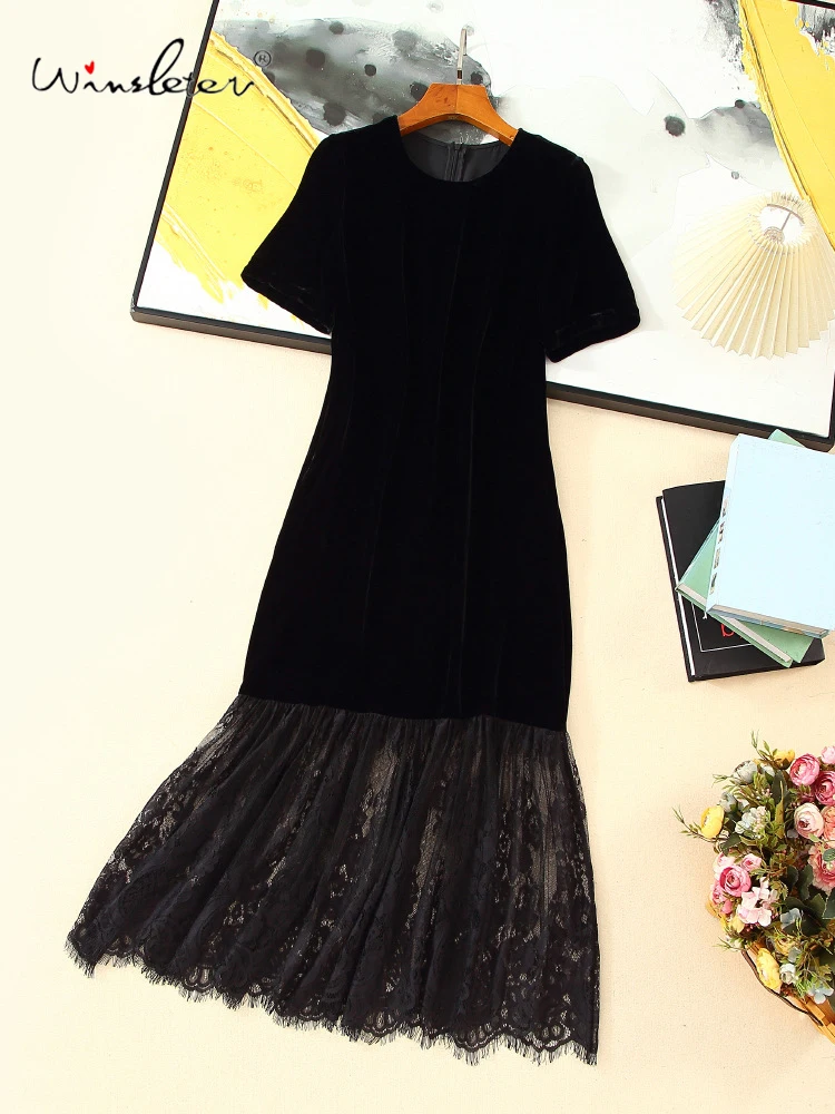 

Winsleter-Women 100%Real Silk Elegant Velvet Dress, Short Sleeve Lace Patchwork, Retro Trumpet Dresses, 2025 Summer New D57044CC