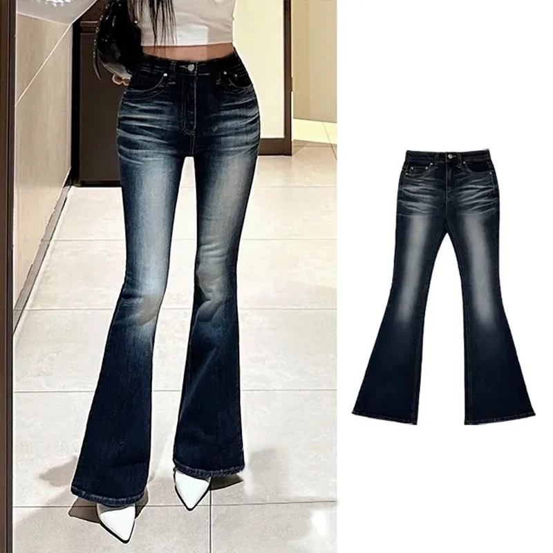 Low Waist Flared Jeans Women's Stretchy Slimming Faded Denim Pants Winter New Style Commute Style Fashion Ladies Trousers