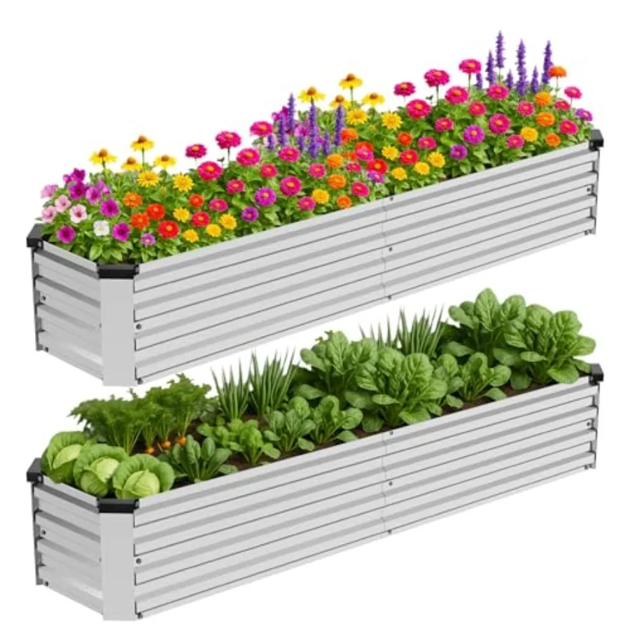 

Комплект из 2 оцинкованных металлических приподнятых грядок 8x2x1 фут (2,4x0,6x0,3 м) для овощей и трав, с открытым дном, большой уличный ящик-клумба для садоводства