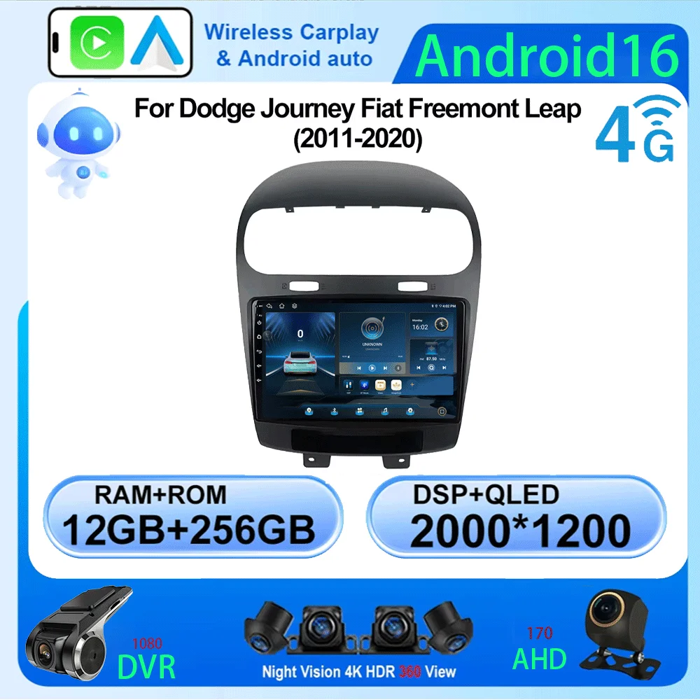Android 16 Carplay Auto WIFI+4G For Dodge Journey Fiat Leap 2011 -2020 Car Radio Multimedia Video Player Stereo Head Unit 2din