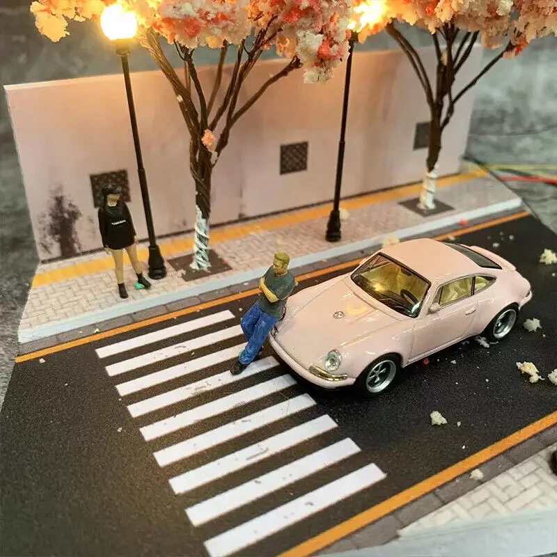 1:64 Scale Diorama Car Garage Model LED Lighting City Street View Car Parking Lot Scene Model Toy Gift