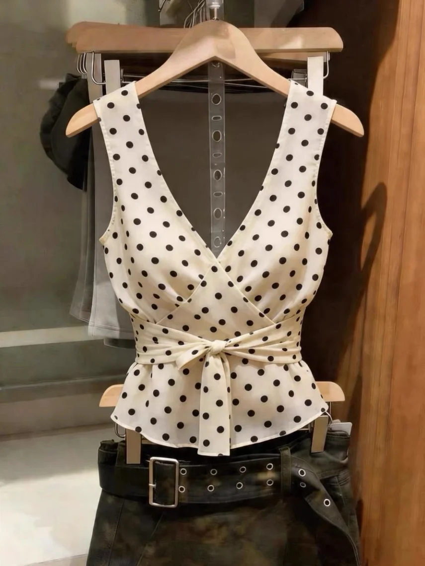 

Summer New Polka Dot V-neck Sleeveless Wrap Waist Top Women's Korean Style Slim Fit Tank Top with Strap Pure Desire