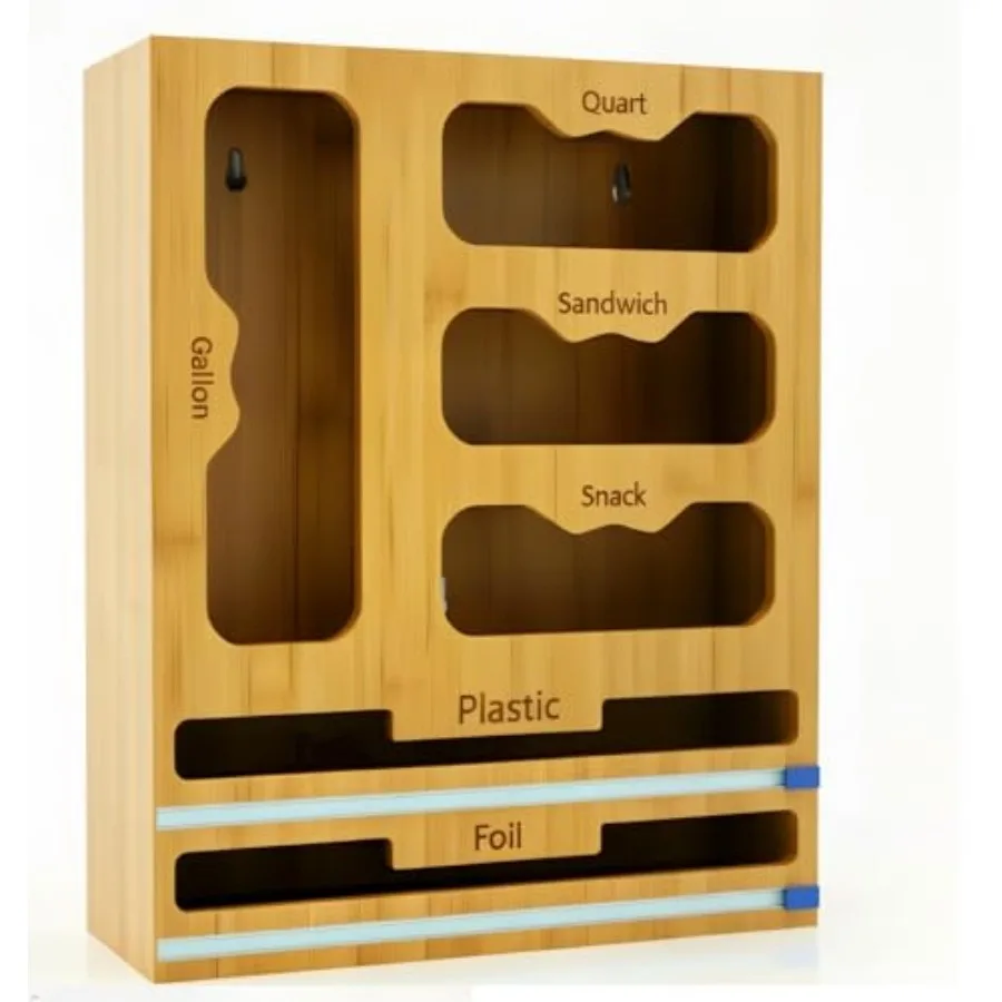 

Органайзер для хранения 6 в 1: диспенсер для фольги и пищевой пленки с резаком, бамбуковый органайзер для кухонного ящика, органайзер для пакетов с едой