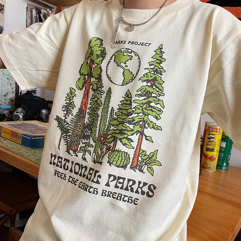 ゆったりとした半袖コットンTシャツ,サマーパークプロジェクト,植物プリント,レトロなスタイル,90年代のグラフィック,2021