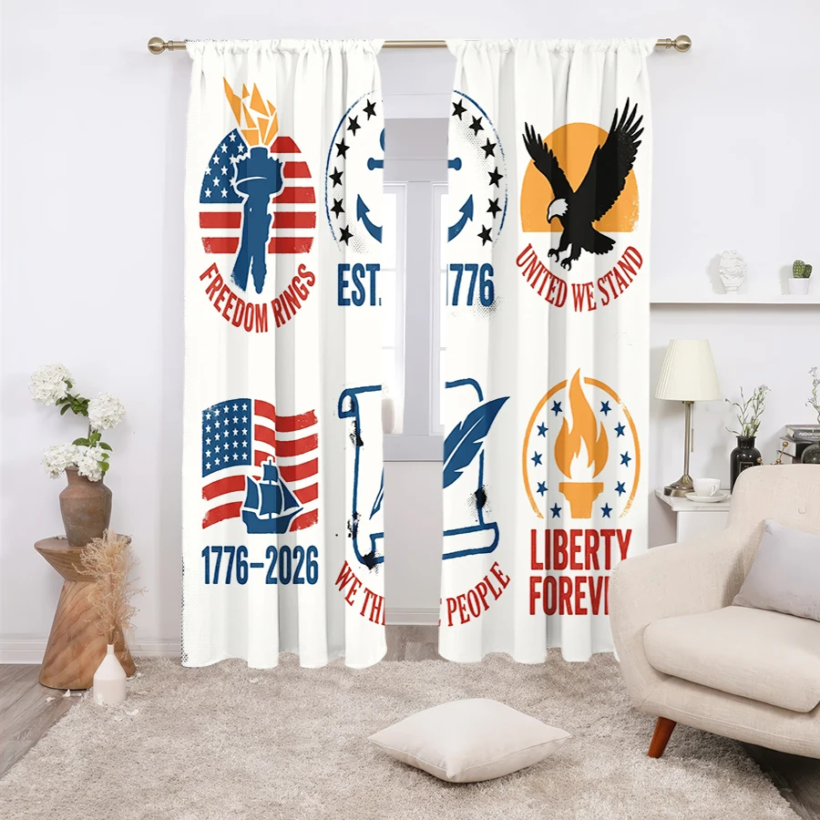 2PCS Curtains, Six Vintage Patriotic USA Badge Print Featuring Liberty Torch, Anchor, Bald Eagle, American Flag Sailboat and Qui