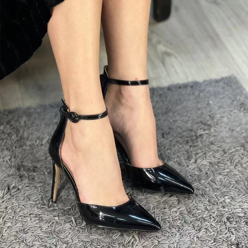 Onlymaker Women Pointed Toe 12CM Thin High Heel Ankle Strap Black  Patent Leather Heels For Evening Party Dress Big Size Pumps