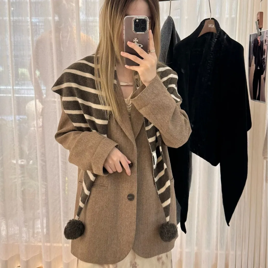 100% Wool Japanese Style Handmade Pom Pom Striped Triangle Scarf Christmas Holiday Soft Warm Shawl Wrap Unisex