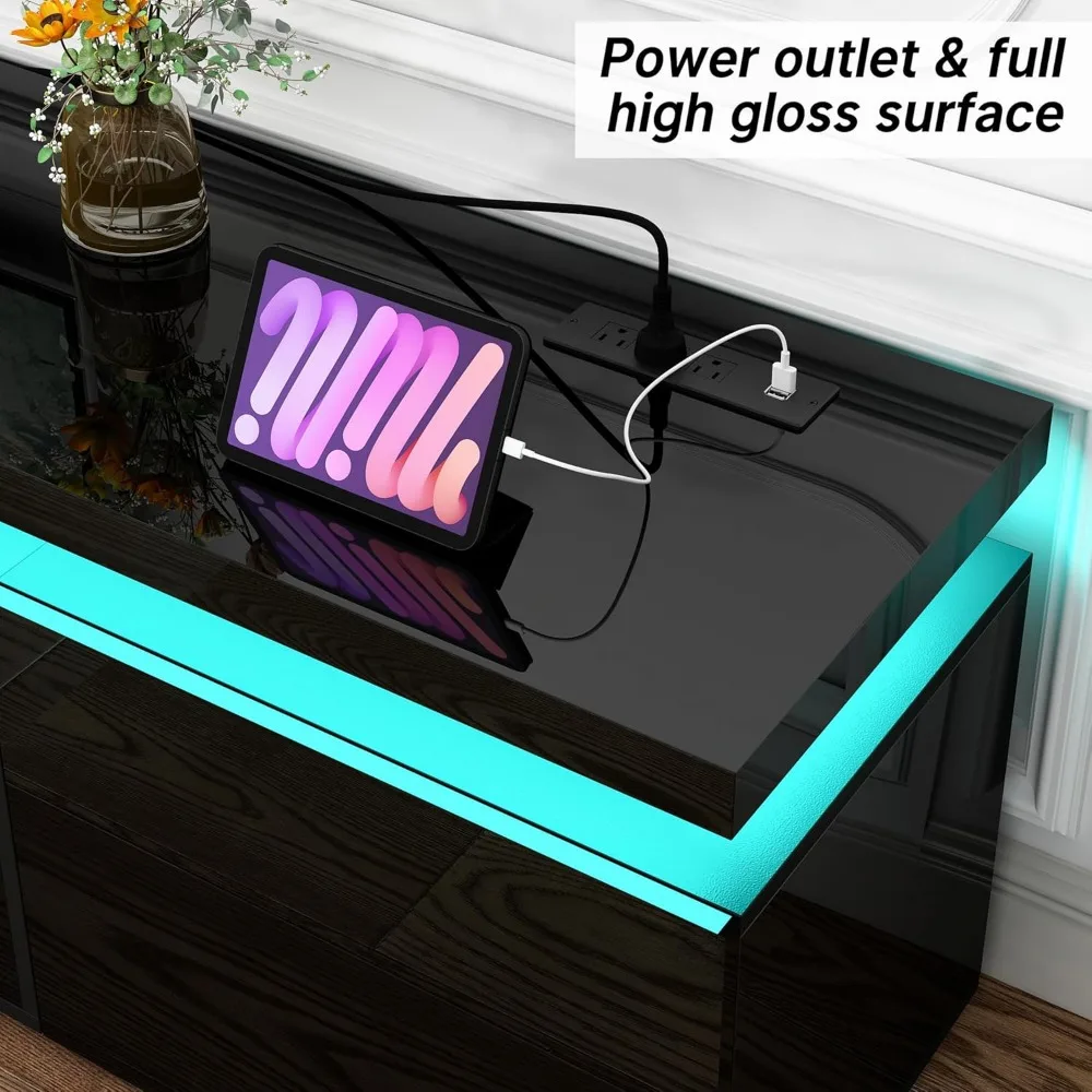 Soporte para TV con chimenea para 95 TV, soporte para TV de 83 LED con 40 chimenea eléctrica y toma de corriente, superficie de alto brillo, 2 gabinetes de almacenamiento,