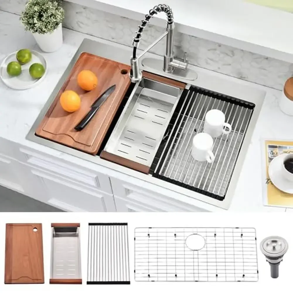 

Workstation Sink 33 Inch Stainless Steel Topmount Kitchen Sink 16 Gauge Single Bowl Durable Easy to Clean Drop In Sink Kit