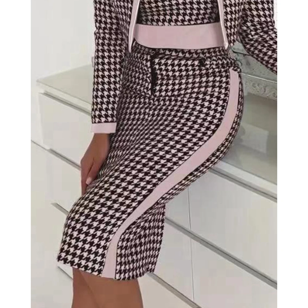3PCS Women Houndstoot Print Vets and Long Sleeve Coat & Midi Skirt Set Casual Bodycon Skirts Set Autumn Three Pieces Suit Outfit