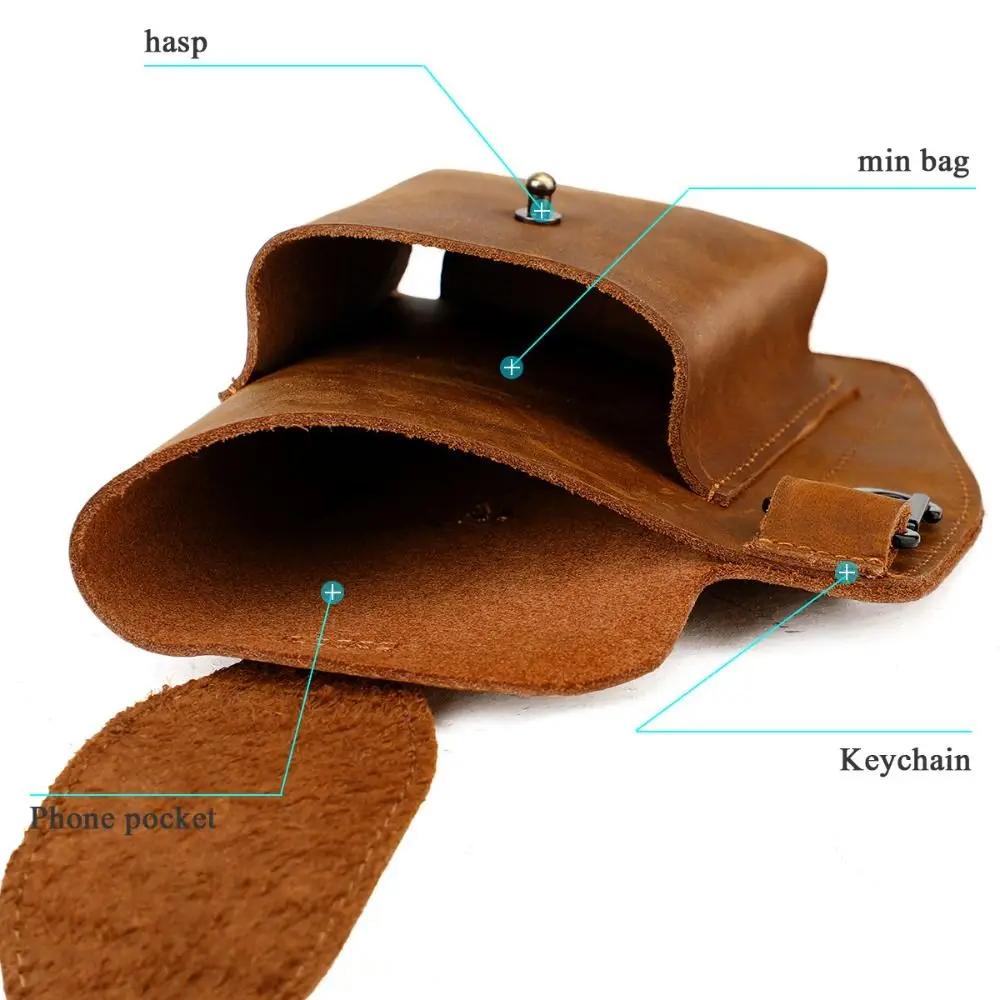 Durable Cowhide Leather Leather Phone Holster Portable Retro Men's Waist Pack Handmade Keychain Holder Cell Phone Pouch Travel