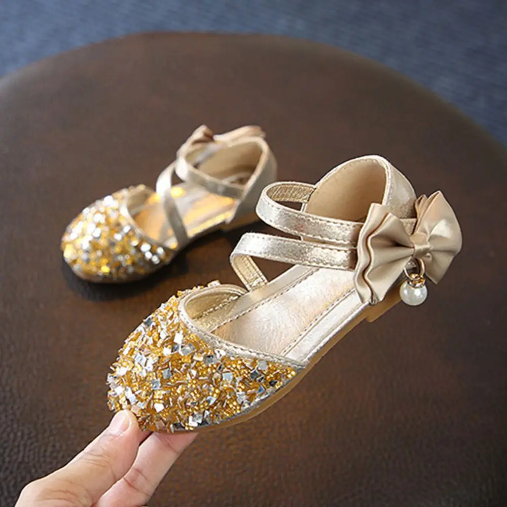 Summer Girls Sandals Fashion Rhinestone Bow Sequins Girls Princess Shoes Baby Girl Dance Shoes Glitter Casual Toddler Girl Sanda