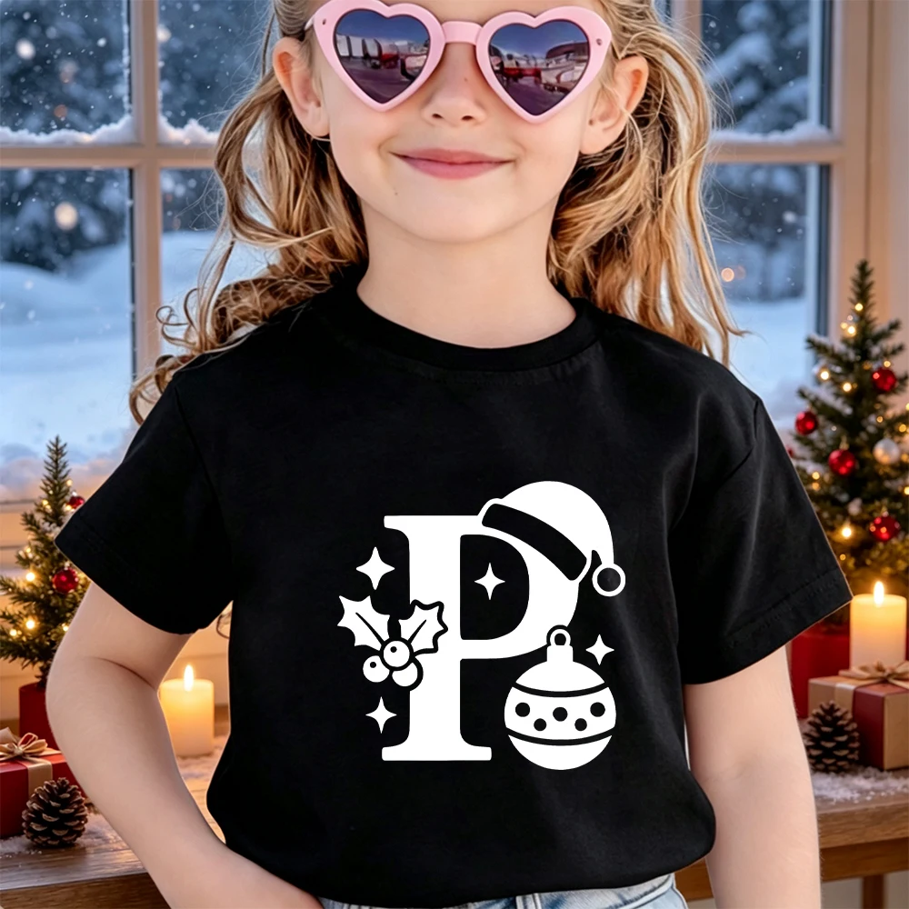 Christmas A‑Z 26 Alphabet Letter Printed Kids Tee Cotton O‑Neck Short Sleeve Boys Girls Holiday Party Children's Clothing Top
