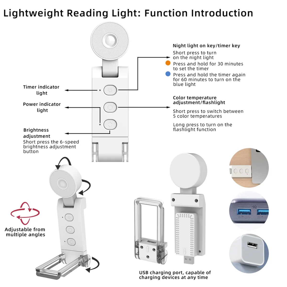 Lampu baca klip USB Led, lampu buku lipat portabel dapat diisi ulang, lampu buku 6 kecerahan dimmbl putih