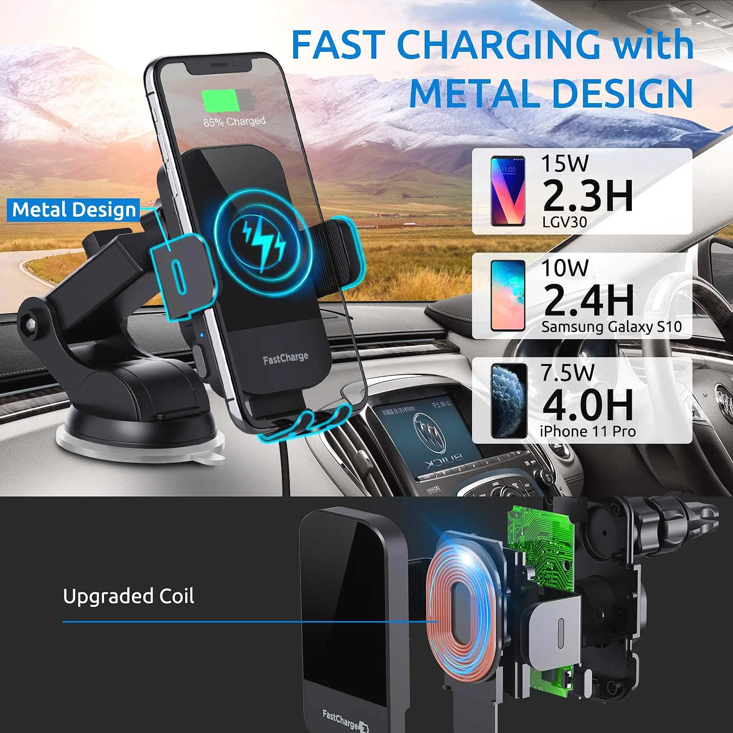 15W Car Wireless Charging Bracket Strong Suction Base - 360° Windshield Car Phone Holder  Fast charging For Iphone Xiaomi Huawei