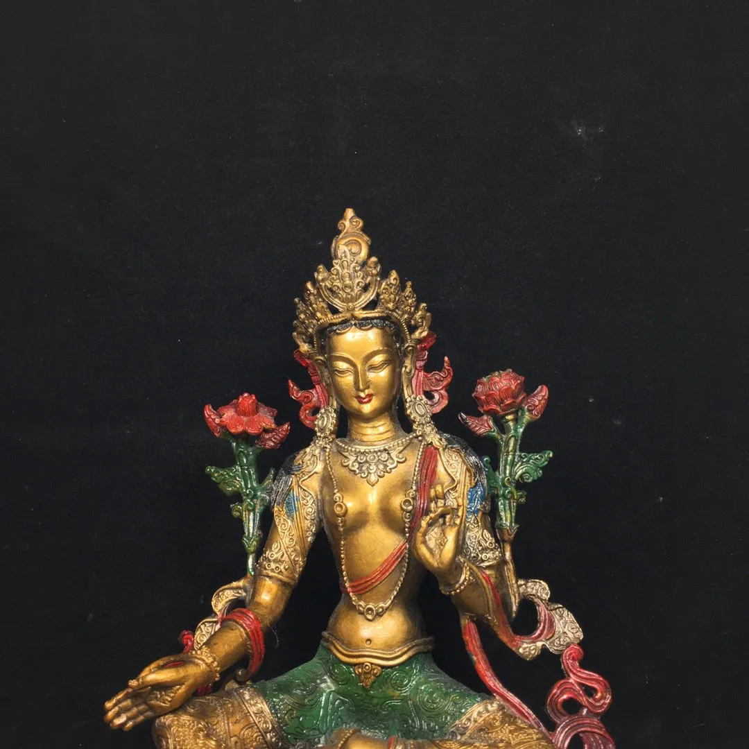 Tibetan Old Bronze Buddha Copper Painted Twenty-One Green Tara Guanyin Buddha Statue Ornament Home Buddhist Hall Supplies Access