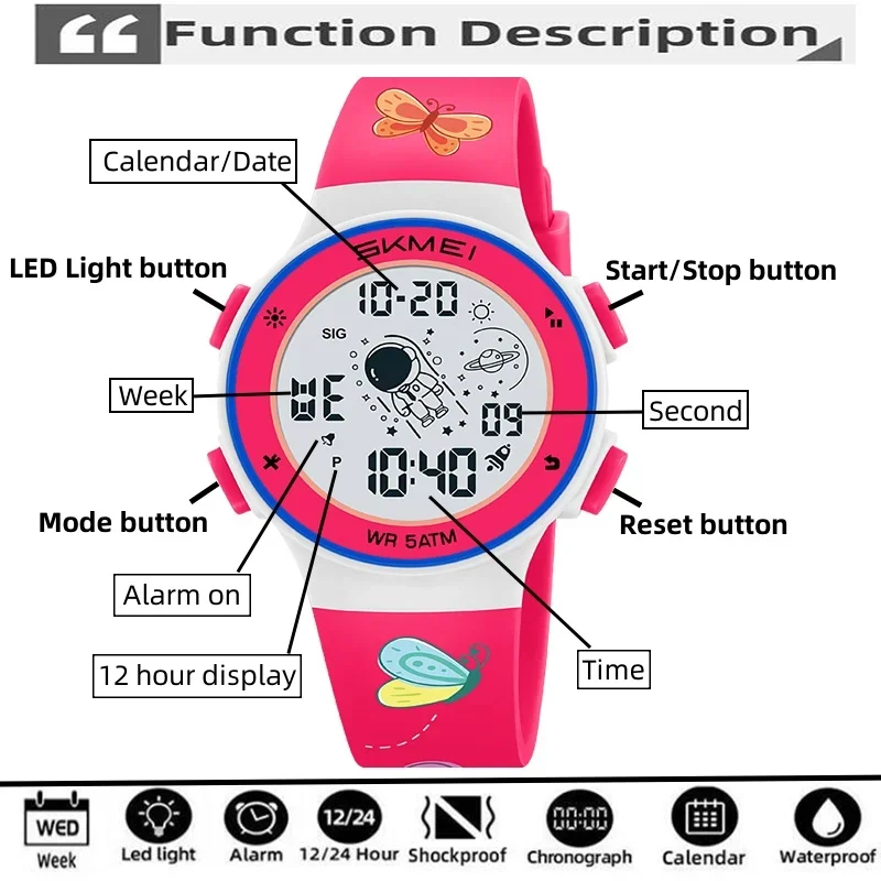 Skmei 2267 Light Waterproof Children Boy Girl Sports Wristwatch with Alarm Clock Kids Digital Watches Fashion TPU Strap Colorful